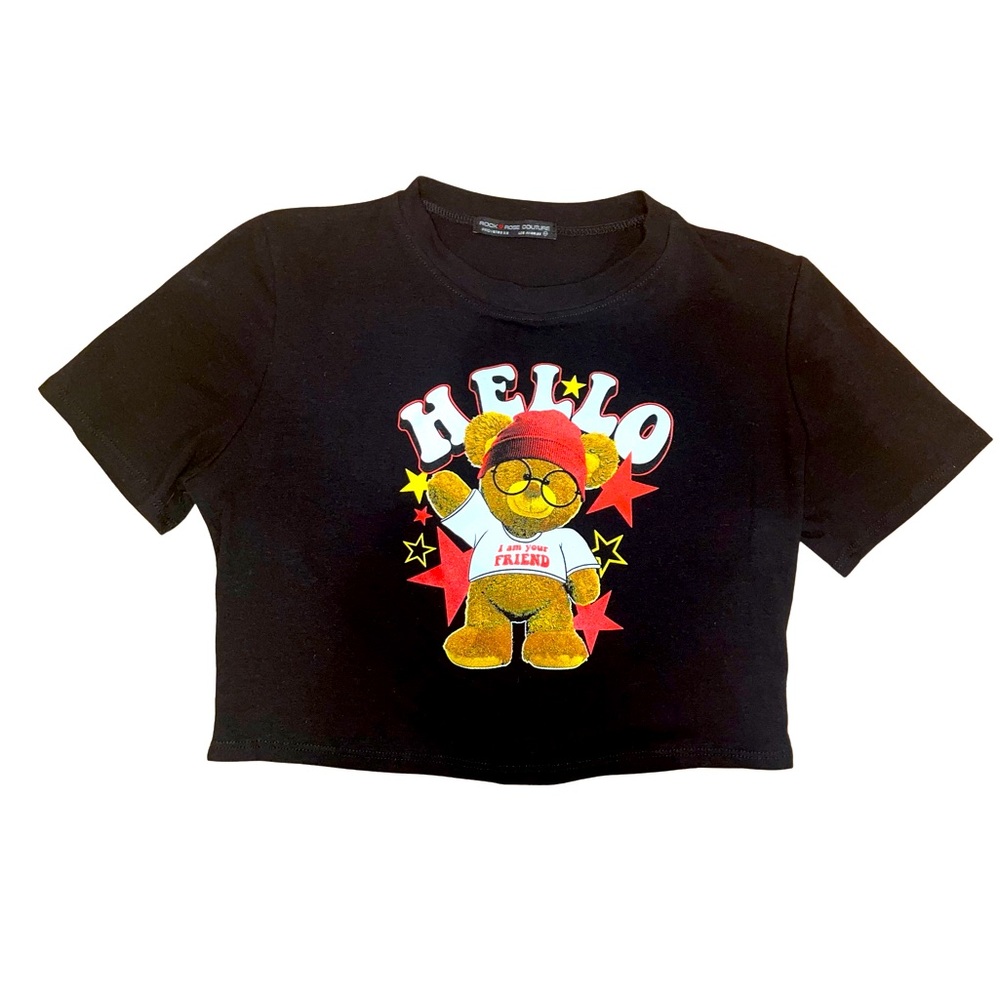 ROCK ROSE COUTURE - Short Sleeve Graphic Tee Teddy Crop Top - NWT